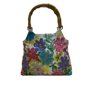 Milenium Women’s White Canvas Sequined Flowers With Bamboo Handles Tote Bag